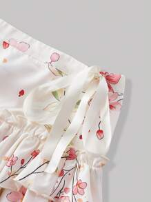 SHEIN MOD Jupe-culotte vintage romantique à imprimé floral abricot avec nœud, ourlet volant et bas superposé - Style mignon Y2K, parfait pour les vacances sur l'île, les fêtes, les rendez-vous, les célébrations d'anniversaire, les thés de l'après-midi et les festivals, les vacances - Nude - Voir 4