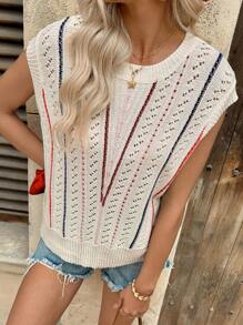 Breezaya Fashionable Contrast Color Hollow Striped Vintage Crew Neck Women Knit Sweater - Multicolor - View 4