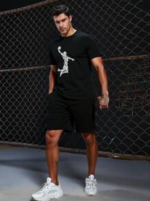 RueChic Men Drawstring Waist Pocket Basketball Printed Regular T-Shirt & Short Set - Black - View 1