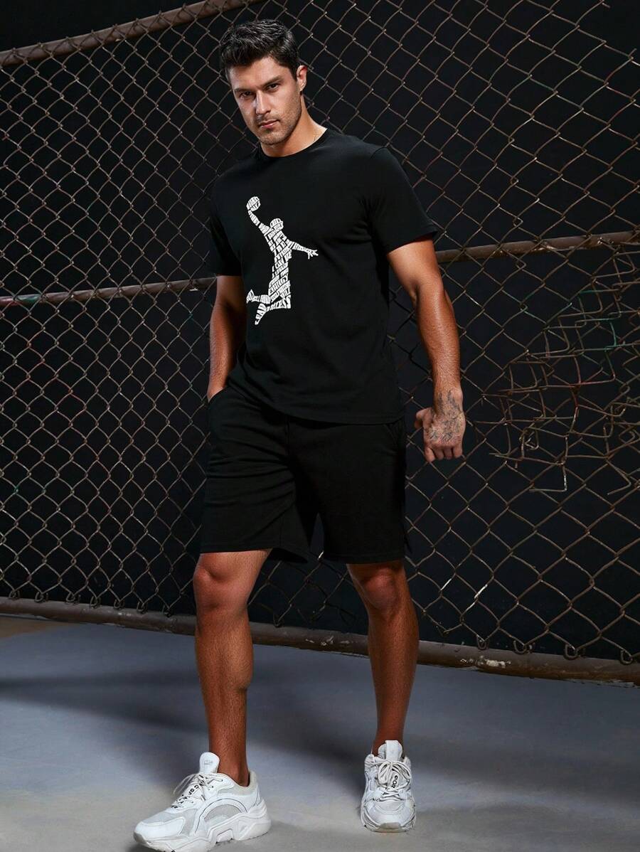 RueChic Men Drawstring Waist Pocket Basketball Printed Regular T-Shirt & Short Set - Black - View 1