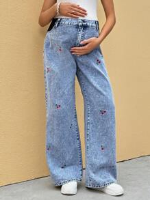 SHEIN 孕妇度假休闲樱桃刺绣牛仔裤 - 藍色 - 查看 6