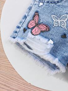 Young Girls Casual Daily Urban Street Butterflies Print Denim Shorts, Frayed, Ripped Holes, Elastic Waist, Button Closure - Light Wash - View 3