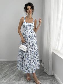 SHEIN Vestido de maternidad de verano con cuello cuadrado, sin mangas, con cintura ceñida y estampado floral miniatura en todo el vestido