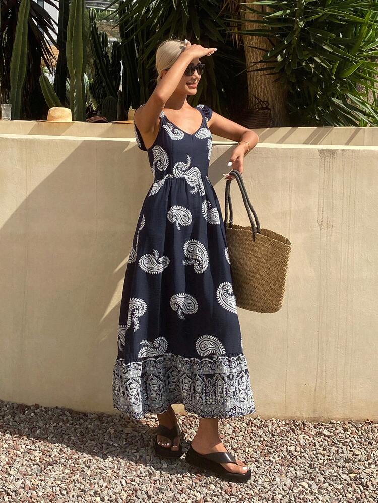 Women's Summer Bohemian Style Spaghetti Strap Dress, Allover Floral Allover Print Beach Dress Vacation Dress Cruise Outfit For Women Boho