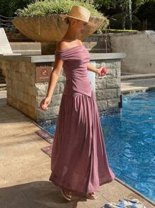 Livesso 女士两件套：无袖上衣和裤子，露肩上衣，度假风 - 中紫紅色 - 查看 6