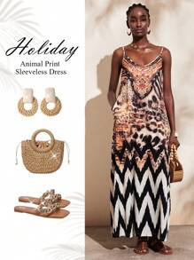 SHEIN Lady Damen modisches Farbblock-Kleid mit Tier Muster ohne Ärmel, geeignet für den Urlaub