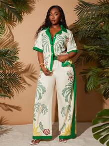 SHEIN SXY 大码女装春夏优雅棕榈树印花两件套，短袖宽松衬衫搭配宽松长裤，适合日常穿着、婚礼、波西米亚风、热带度假等场合。这款两件套女装，风格百搭，适合外出、度假、海滩度假、假日、海边、西式、加勒比风情、音乐会、狂欢节派对等场合，层次丰富，适合约会、伊比沙岛、纳什维尔等地。风格简约、时尚、可爱、休闲，适合购物、街头风、外出等各种场合。易于搭配，显瘦，凸显身材，修饰身形。 - 綠色 - 查看 6