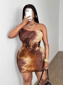 Maweii Plus Size Women Tie-Dye One Shoulder Mini Dress - Brown - View 5