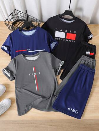 幼儿男童（加大码）简约印花短袖T恤和短裤套装