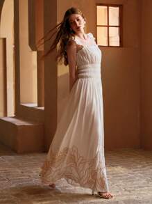 MOTF PREMIUM VESTIDO DE LINO CON BORDADO Y RECOGIDO - Blanco - Ver 4