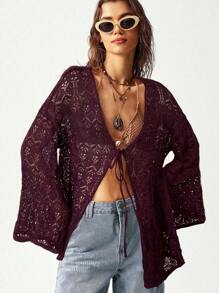 Bohemela Cardigan ampio donna a maniche a sbuffo lavorato a maglia forato tinta unita, ideale per le vacanze