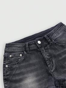 ROMWE Grunge Punk Y2K American Baddie Women Gyaru Summer Cherry Embroidery Denim Shorts, School Style - Grey - View 4