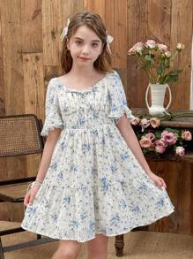 LMoss Kids LMoss Tween Girl Printed Pleated V-Neck Fitted Casual Dress - Multicolor - View 1