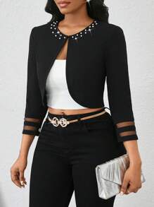 SHEIN Lady Thin Coat Neckline Diamond Jacket Women Tops Birthday&Event /Office /Church /Wedding /Holiday Office Outfits For Women In Fall/Winter - Black - View 1