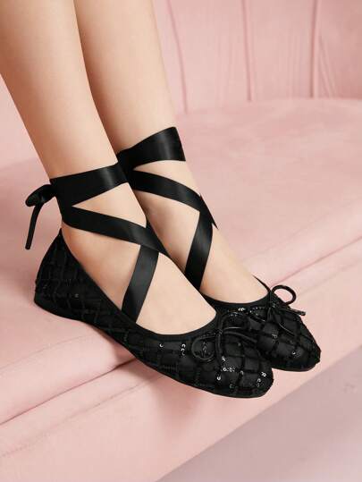 CUCCOO DOLLMOD 女士时尚优雅亮片蝴蝶结装饰平底鞋