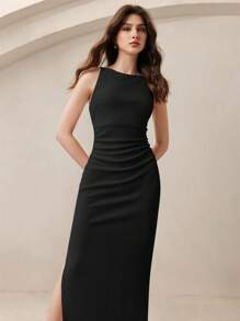 BizChic Vestido negro 2025 con tirantes de espagueti, hombro asimétrico, cintura fruncida, abertura lateral, romántico, elegante, versátil para uso diario y casual de negocios para mujeres