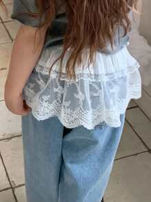 Hapijoa 年轻女孩蕾丝网裙，白色，夏季多层系腰荷叶边迷你裙，适合年轻女孩，秋季服装 - 白色 - 查看 2