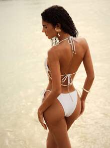 Anewsta Áo choàng cổ ngọc trai 25SS, thời trang trưởng thành thanh lịch, kết hợp với áo tam giác cơ bản, bộ bikini hở lưng 3 món - trắng - Xem 2