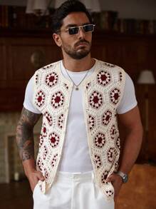 Manfinity CityGents Men's Contrast Color Sleeveless Casual Open Front Knit Top, Summer Men Mexican Shirt , Crochet Vest, Boho Floral Vest