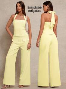 Glamine 2 件套：颈部系带简约性感吊带背心上衣 + 直筒裤，采用梭织面料制成，纯色，时尚女装春装裤套装夏季套装两件套女装夏季套装女装 - 黃色 - 查看 6