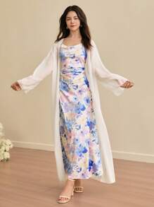 SHEIN 2pcs Teenage Girls Casual Elegant Vacation Ditsy Floral Camisole Dress & Chiffon Long Cardigan Set