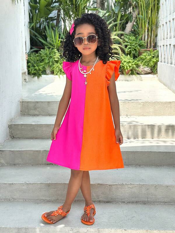 Young Girl Fashion Resort Round Neck Patchwork Magenta And Orange Cap Sleeve Dress, Mommy And Me Matching Outfits (3 Pieces Sold Separately)