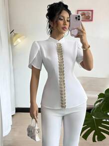 Selianne Women's Stand Collar Shirt With Gold Lace Panel