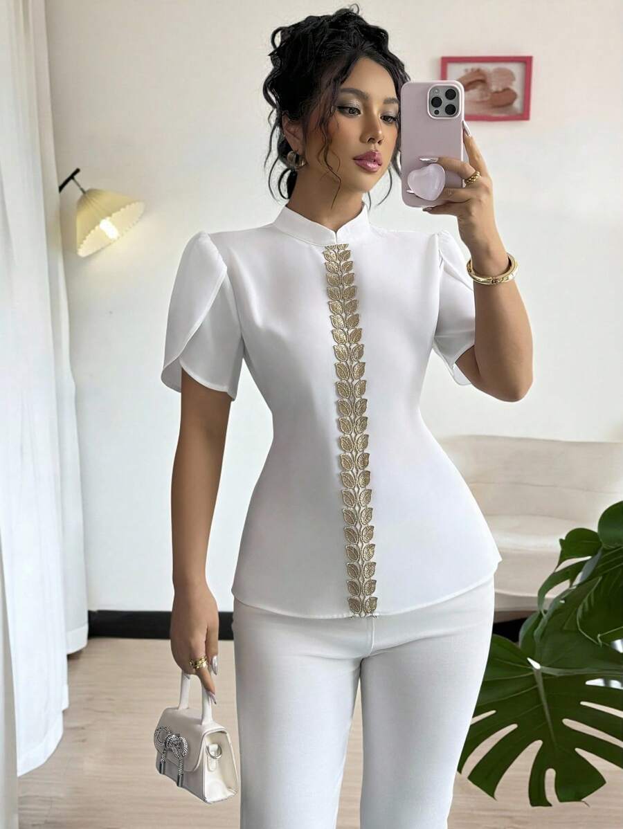 Selianne Women's Stand Collar Shirt With Gold Lace Panel