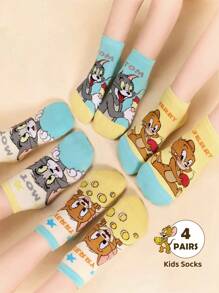 TOM & JERRY X SHEIN 4 Pairs Cotton Cute Cartoon Cat & Mouse Pattern Children Short Socks, Reinforced Toe & Heel, Unisex For Boys & Girls, Suitable For All Seasons - Multicolor - View 2