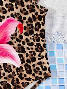 Travachic KIDS Leopard Print, Hibiscus Flower, Tropical Flower, Beach Vacation, Coconut Girl Baby Girls Casual Slim Fit Bodysuit Swimwear Suitable For Summer Princess Chic, Little Stars, Baby Girl Swimwear, Vacay Romance - Multicolor - View 4