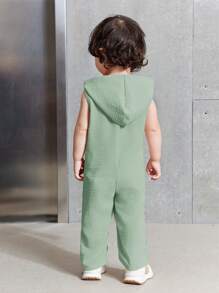 Baby Sleeveless Hooded Jumpsuit Set, Green Summer Solid Color Casual All-Match For Indoor/Outdoor - Green - View 2