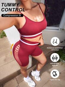 SHEIN Sports 2pcs Sports Bra And Shorts Set, Contrast Color Sexy Workout Outfit For Women, Spring/Summer - Red - View 1