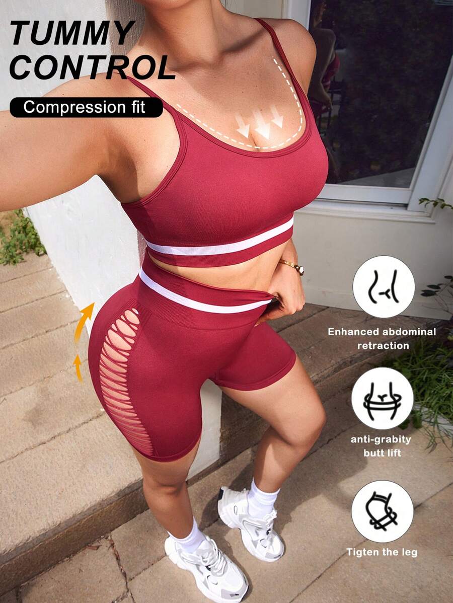 SHEIN Sports 2pcs Sports Bra And Shorts Set, Contrast Color Sexy Workout Outfit For Women, Spring/Summer - Red - View 1