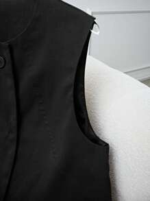Flirla Women's Commuter Elegant Design Arcuate Split Vest Jacket, Button Pocket Decor Black Round Neck Open Front Top
