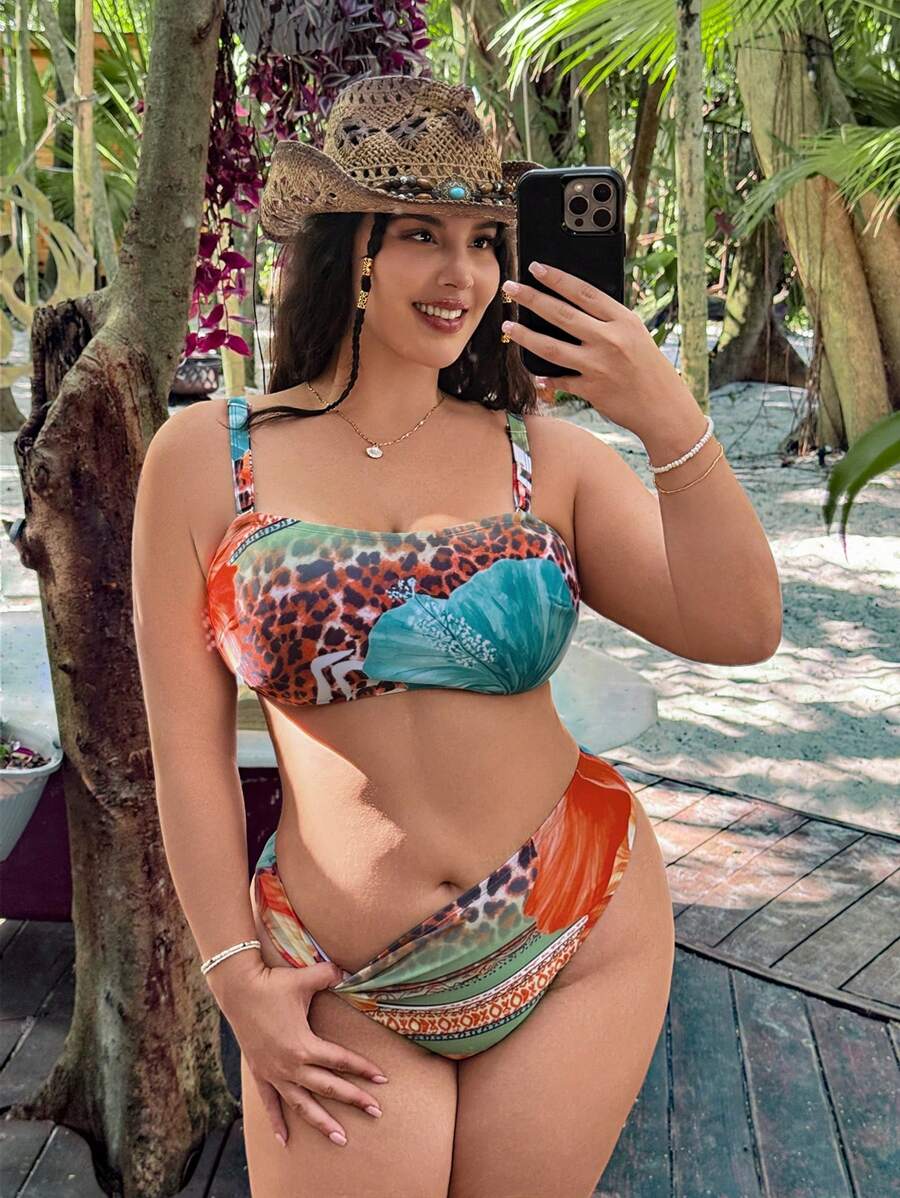 Swim Vcay 大码豹纹泳衣套装，夏季时尚