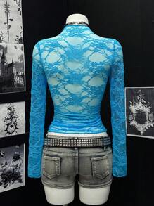 EgrlEra 女士透明褶皱蕾丝衬衫（随机剪裁） - 藍色 - 查看 2