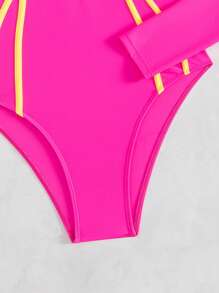 SHEIN Swim SPRTY 1 pieza Traje de baño de una sola pieza para mujer con diseño de cremallera, unicolor y parches en color neón - Rosa Fucsia - Ver 5
