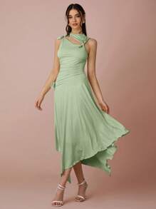 Enchnt Women's Solid Color Simple Sleeveless Dress - Mint Green - View 3