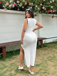 SHEIN EZwear Plus Size Color Block Round Neck Sleeveless Split Dress - White - View 2