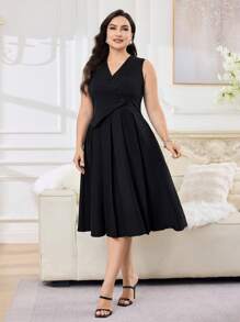 Modelyn Vestido sencillo de talla grande color negro con cuello en V sin mangas, uso casual diario