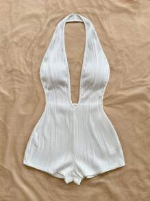 Soleia Salopetă de damă albă, tricotată, texturată, cu model ondulat, cu mânecă în V adânc, fără spate, sexy, slim fit, perfectă pentru petrecere, întâlnire, ceai de după-amiază, vacanță boho, plajă la mare, vară