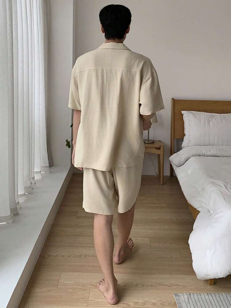 Plain Khaki Shirt Paired With Men's Summer Loungewear Set Pajama