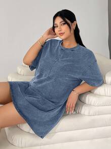 SHEIN EZwear 蓝色短袖圆领休闲大码连衣裙 - 藍色 - 查看 8