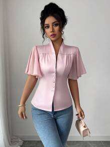 Selianne Elegant Vacation Romantic Commute Oversized Ruffled Sleeve Chiffon Flowy Sleeve Satin Blouse For Women - Pink - View 3