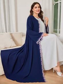 Al Najma Plus Size Women's Modest Arabic Abaya Robe With Floral Embroidered Flare Sleeve & Mesh Panel, Casual & Elegant - Navy Blue - View 5
