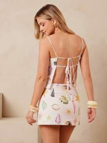 L'Amorae 女士贝壳亚麻海滩印花吊带背心露背上衣波西米亚风夏季度假套装 - 彩色 - 查看 4