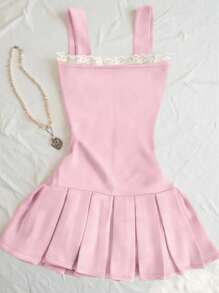 SHEIN Women's Summer Elegant Lace Trim Bow Decor Ruffle Hem Midi Dress - Pink - View 2