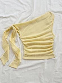 Soleia 性感不对称领口系带荷叶边修身淡黄色衬衫，适合派对、度假、音乐节、波西米亚风、节日约会、下午茶