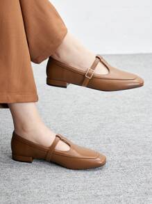 CUCCOO BIZCHIC Square Toe Comfortable Casual Office Lady Daily Versatile Flat Mary Jane Shoes, Women's High Vamp Loafer Oxfords For Christmas - Brown - View 2