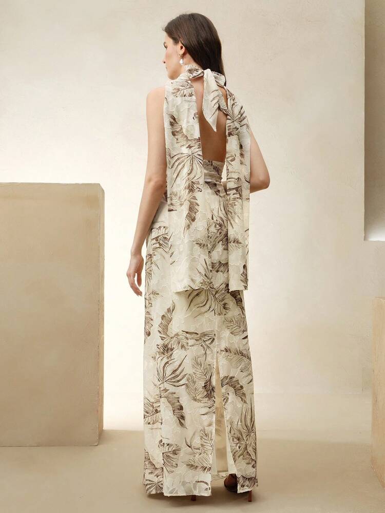 Deep V-Neck Tropical Plant Print Halter Sexy Dress, Suitable For Spring, Summer, Festival, Elegant, Holiday, Vacation, Casual